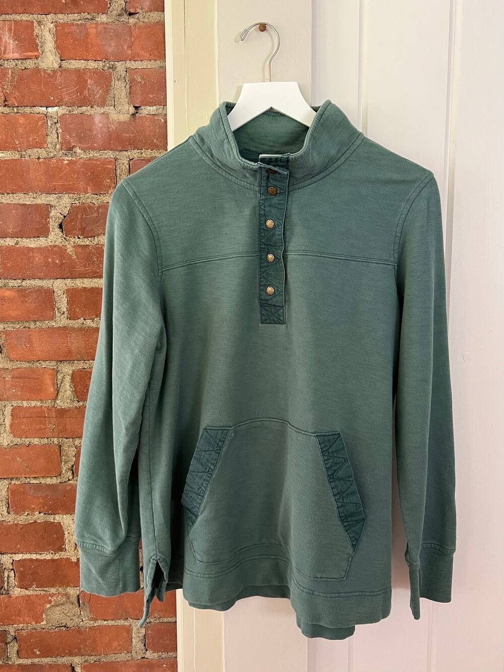 LLBean Organic Cotton Snap Mock Neck Pullover Sweatshirt Sage Green Womens L